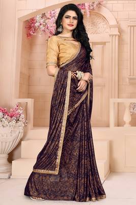 Brown plain silk saree with blouse 3