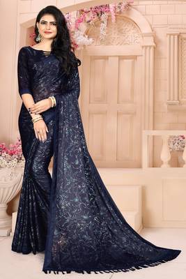 Blue plain silk saree with blouse 1