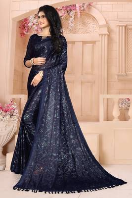 Blue plain silk saree with blouse 2