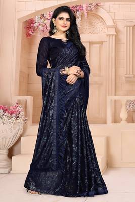 Blue plain silk saree with blouse 3