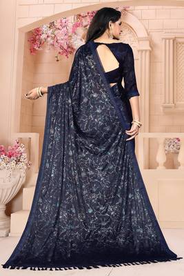 Blue plain silk saree with blouse 4