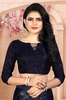 Blue plain silk saree with blouse 5