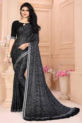Black plain silk saree with blouse 1