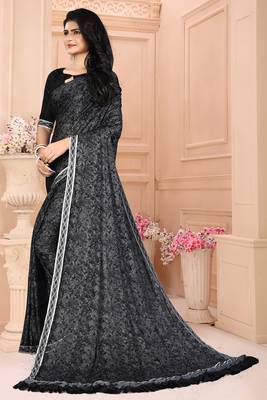 Black plain silk saree with blouse 2