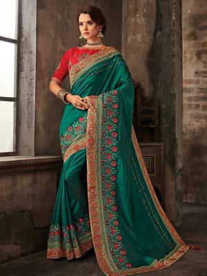 Green Poly Silk Embroidered Heavy Work Saree 1