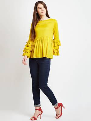 Mustard plain rayon long-tops 2