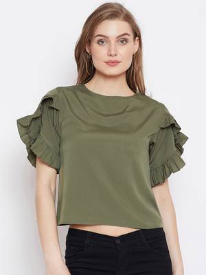 Olive plain crepe crop-tops 1