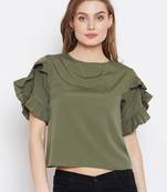 Olive plain crepe crop-tops