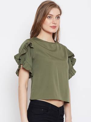 Olive plain crepe crop-tops 4