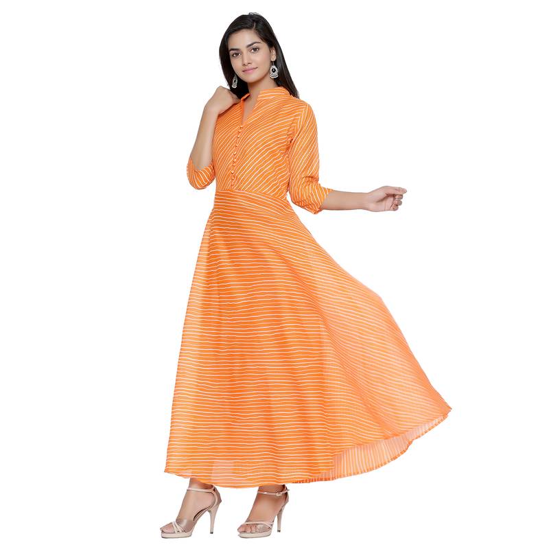 Orange Cotton Leheriya Printed Kurti