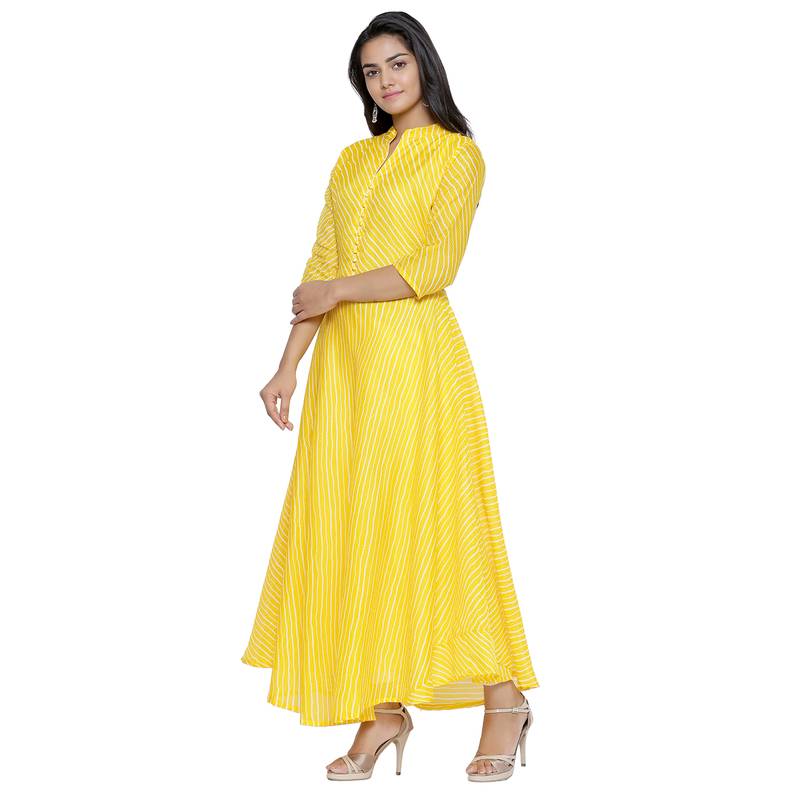 Yellow Cotton Leheriya Printed Kurti
