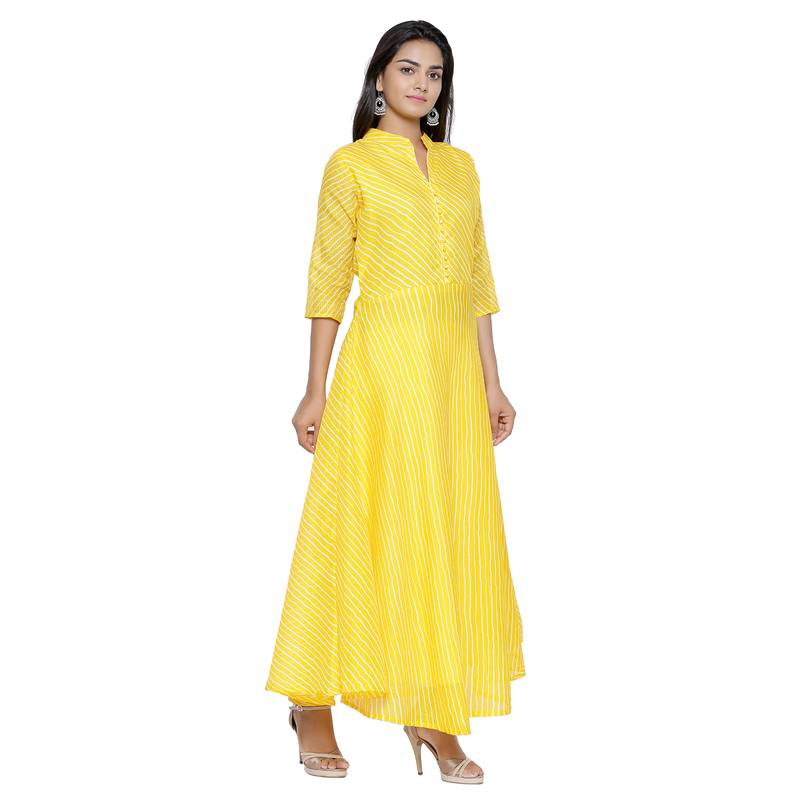 Yellow Cotton Leheriya Printed Kurti