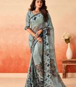 Grey Georgette Printed and Fancy Lace Border Designer Saree