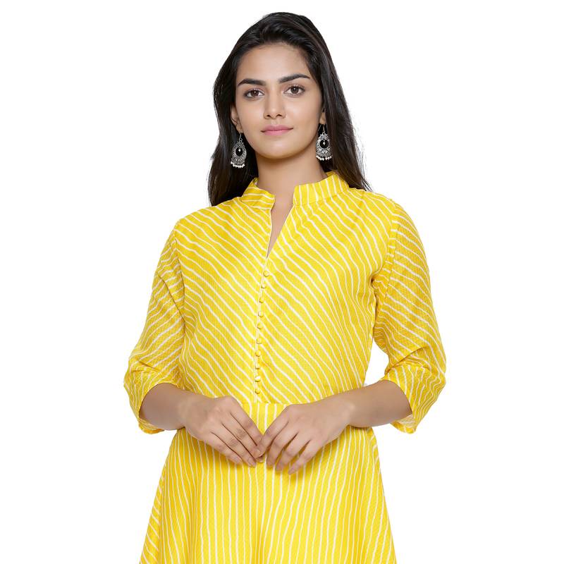 Yellow Cotton Leheriya Printed Kurti