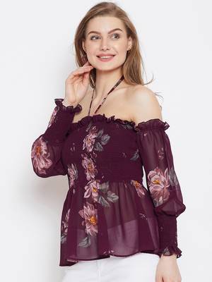 Maroon printed georgette long-tops 3