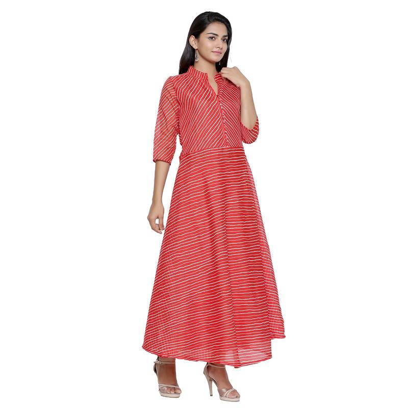 Red Cotton Leheriya Printed Kurti