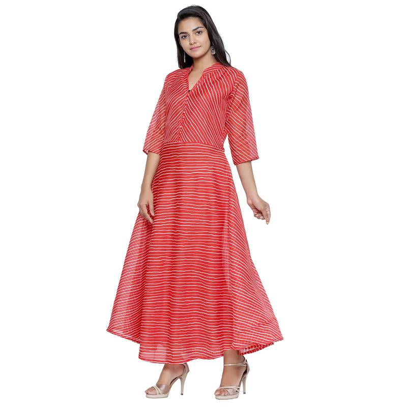 Red Cotton Leheriya Printed Kurti