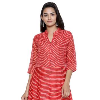 Red Cotton Leheriya Printed Kurti 5