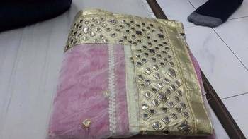 Cream Mirror Work net saree with blouse 4