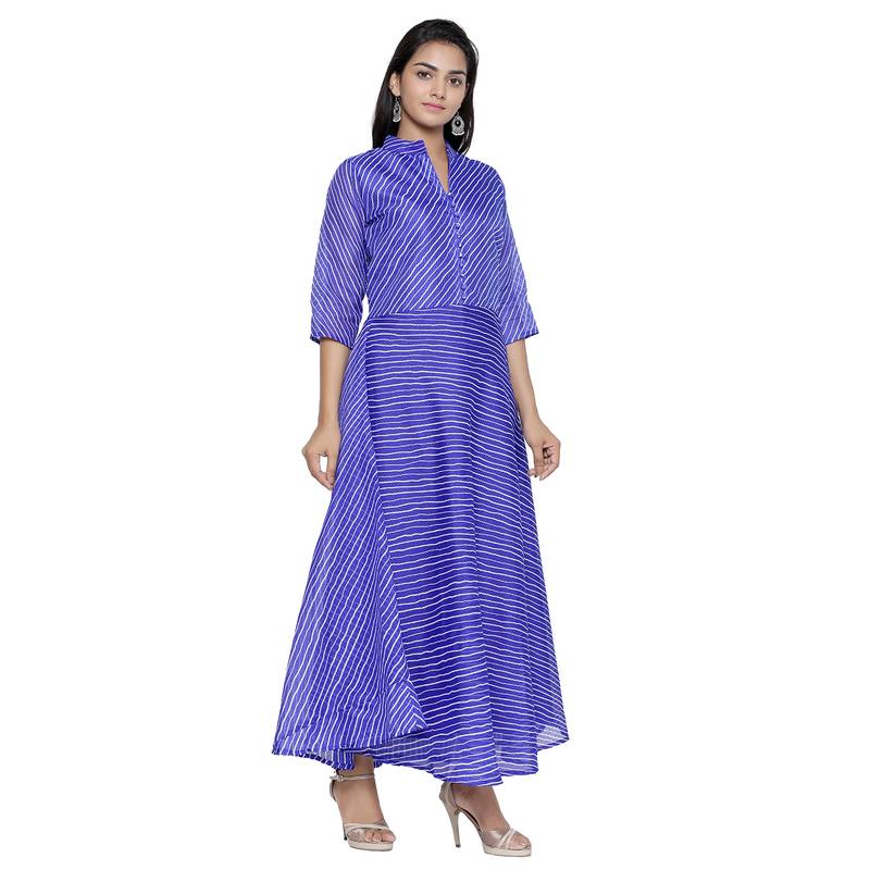 Blue Cotton Leheriya Printed Kurti