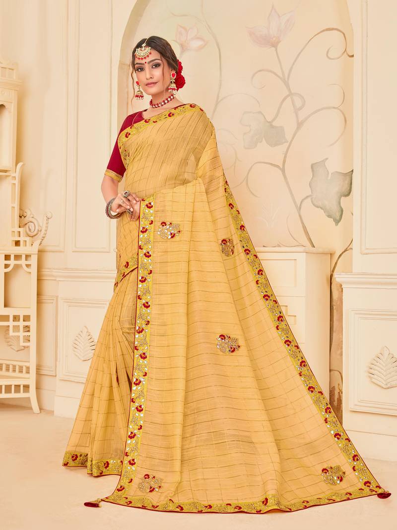 Yellow Poly Silk Embroidered Heavy Work Saree