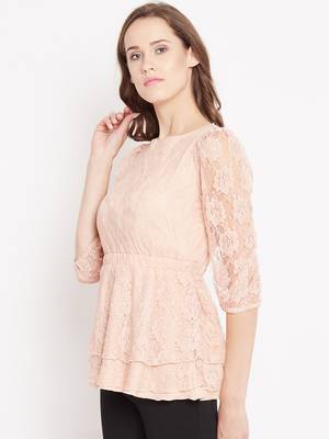 Peach embroidered net party-tops 4