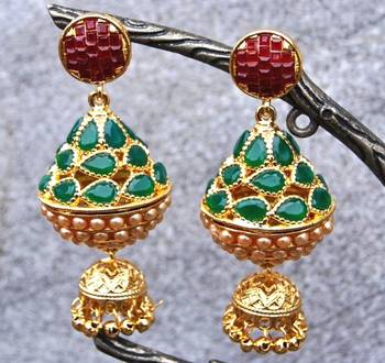 Cone Shaped Ruby Emerald Jhumka Earrings 1