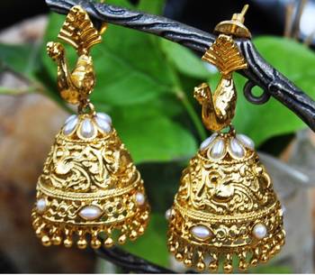 Peacock Gold Pearl Jhumka Earrings 1