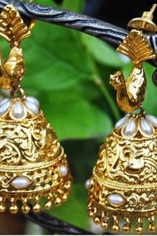 Peacock Gold Pearl Jhumka Earrings