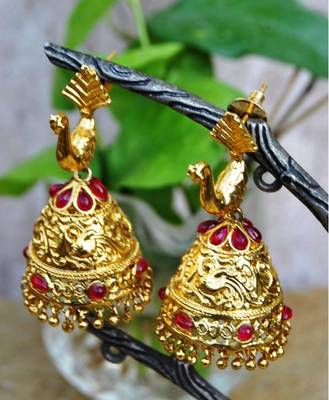 Peacock Ruby Gold Jhumka Earrings 1