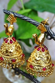 Peacock Ruby Gold Jhumka Earrings
