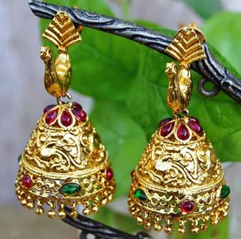 Peacock Ruby Emerald Gold Jhumka Earrings 1