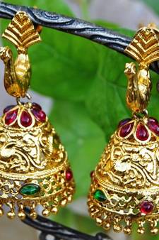 Peacock Ruby Emerald Gold Jhumka Earrings
