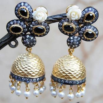 Victorian Rose Jhumka Earrings with Black Onyx and Pearls 1