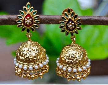 Green Leaf Enamelled Golden Jhumka Earrings 1