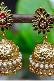 Green Leaf Enamelled Golden Jhumka Earrings