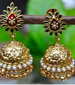 Green Leaf Enamelled Golden Jhumka Earrings