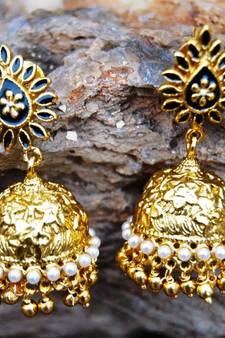 Black Leaf Enamelled Golden Jhumka Earrings
