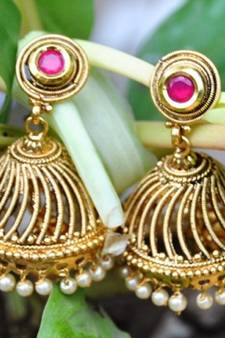 Ruby Studded Pearl Jhumka Earrings