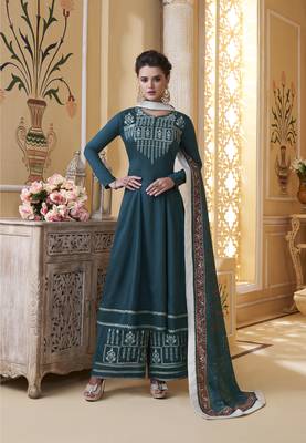 Dark-teal embroidered silk salwar 1