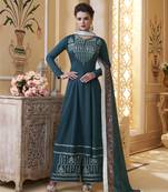 Dark-teal embroidered silk salwar