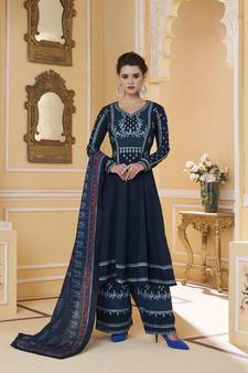 Navy-blue embroidered silk salwar