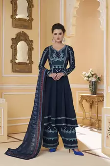 Navy-blue embroidered silk salwar