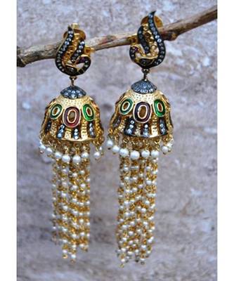 Diamond Pearl Peacock Enamel Jhumka Earrings 1