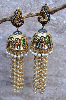Diamond Pearl Peacock Enamel Jhumka Earrings