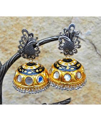 Two Tone Silver Gold Peacock Jhumka Earrings 1