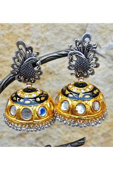 Two Tone Silver Gold Peacock Jhumka Earrings