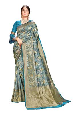 Blue woven banarasi silk saree with blouse 1