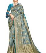 Blue woven banarasi silk saree with blouse