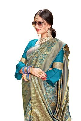 Blue woven banarasi silk saree with blouse 4